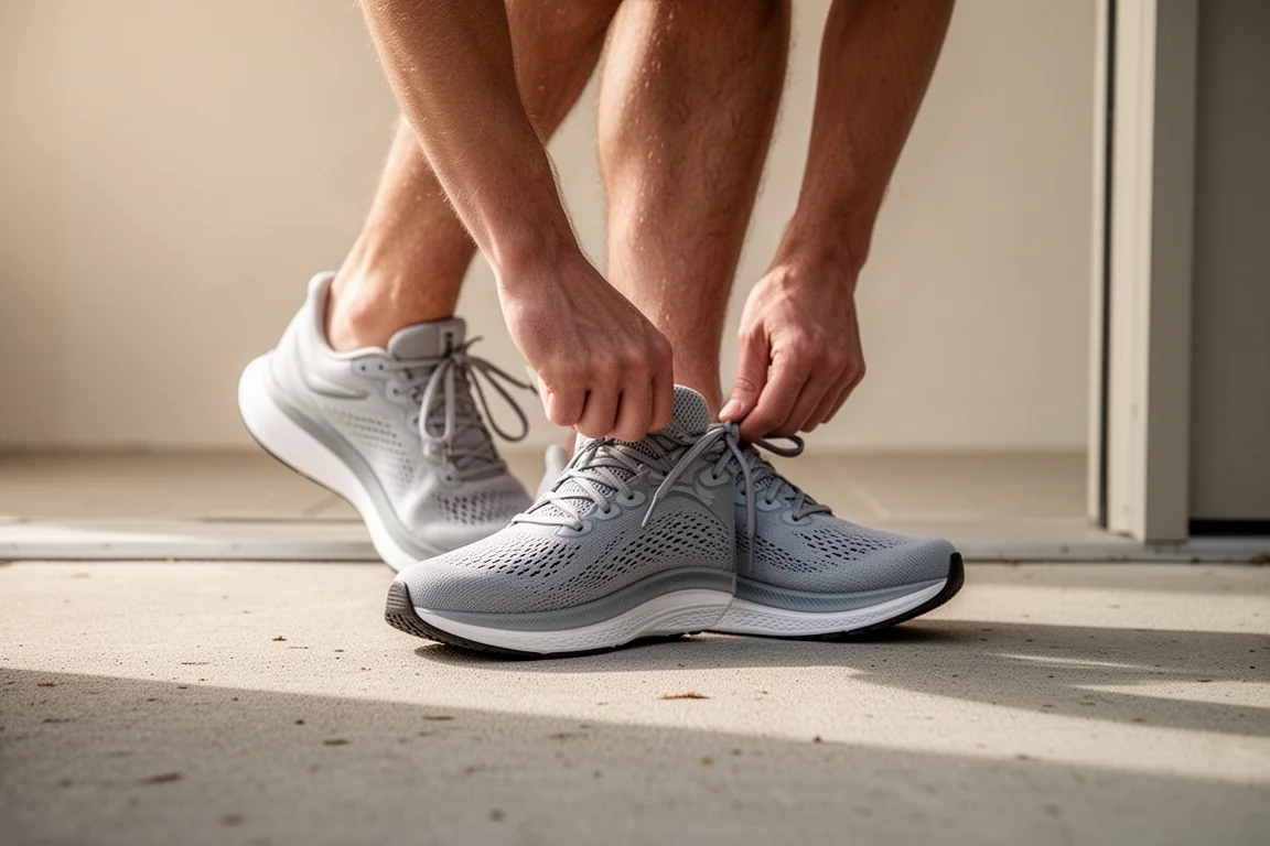 Runner lacing up a comfortable everyday running shoe before a morning run