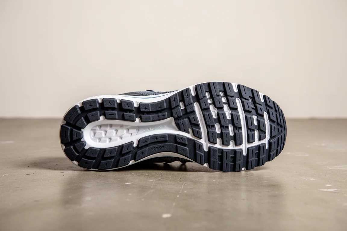 Outsole rubber tread pattern on a daily trainer viewed from below