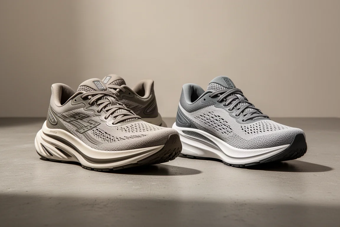 Brooks Ghost 17 and ASICS Gel Nimbus 27 running shoes side by side on concrete