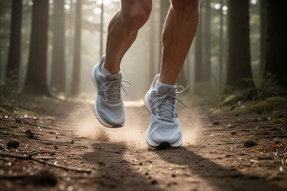 Läuferfüße in Daily Trainern auf einem festen Waldboden im Morgenlicht