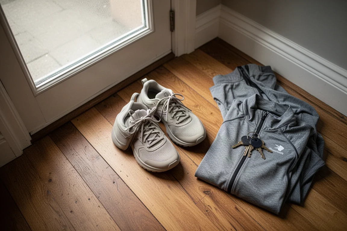 Laufschuhe und Accessoires auf einem Holzboden neben einer Tür ausgelegt