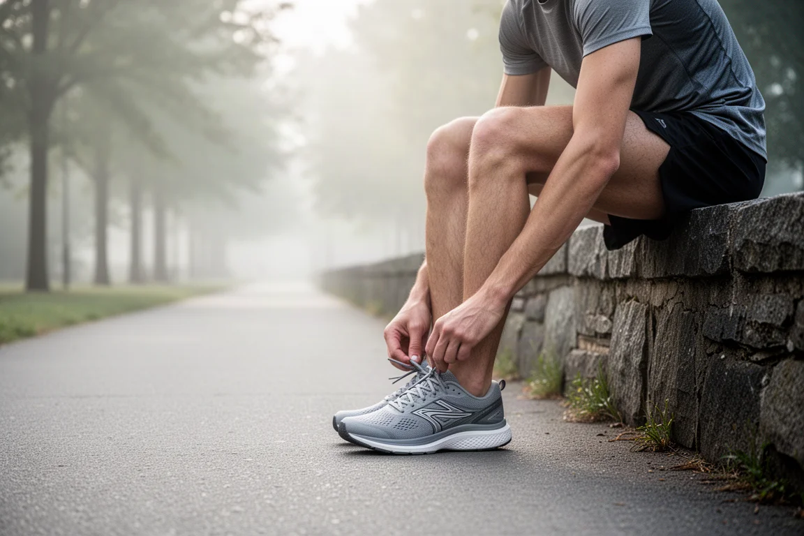 Läufer schnürt auf einem Asphaltweg im sanften Morgenlicht einen neutralen Laufschuh