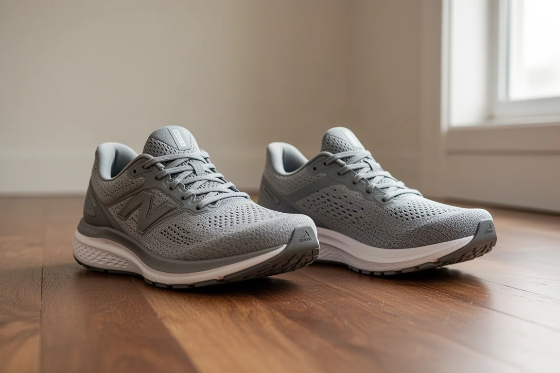 Zwei Alltags-Trainingslaufschuhe zum Vergleich nebeneinander auf einem Holzboden