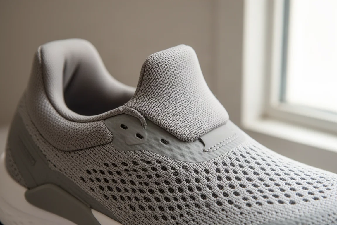 Close-up of a running shoe upper showing breathable air mesh texture
