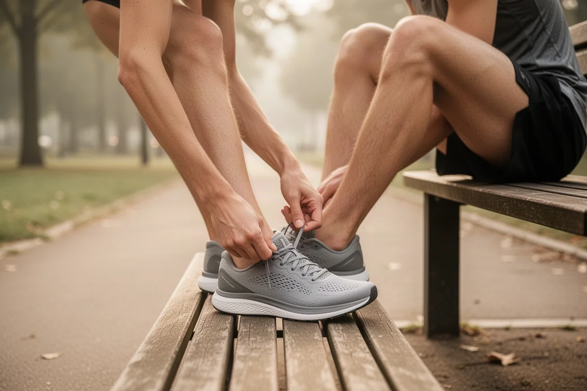 Runner tying laces on a cushioned daily trainer before an easy run