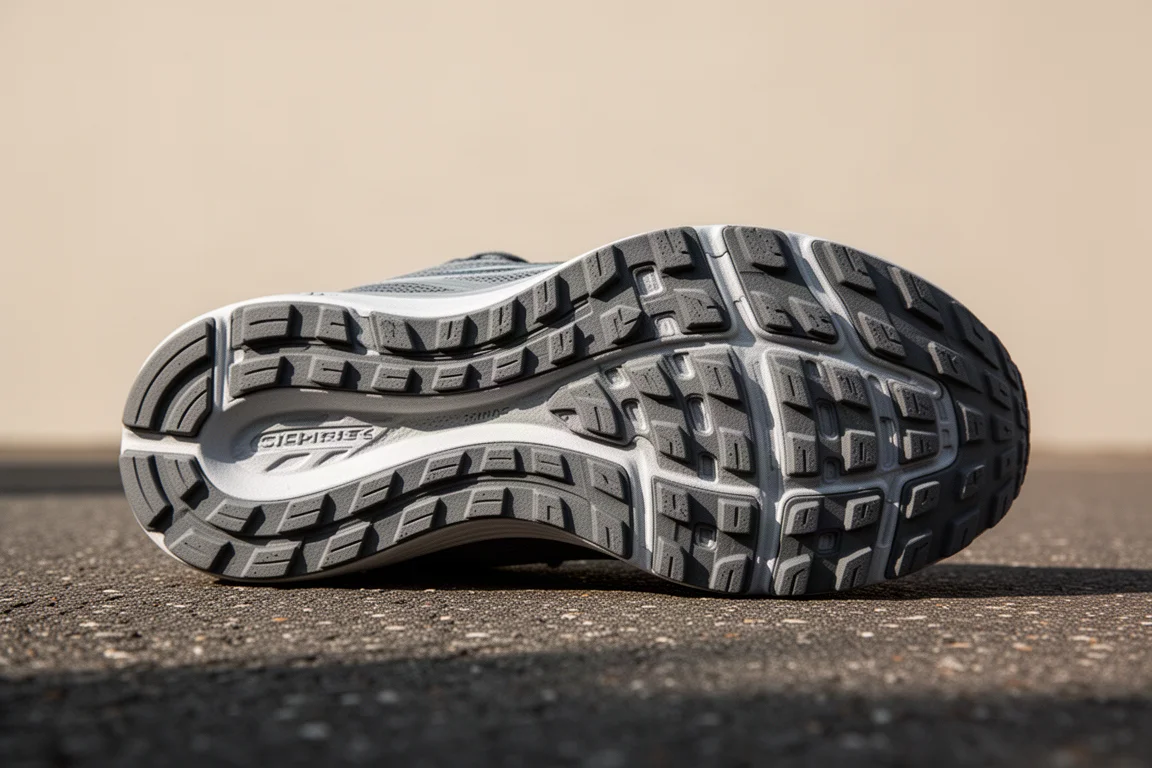 Thick rubber outsole of a running shoe showing extensive coverage