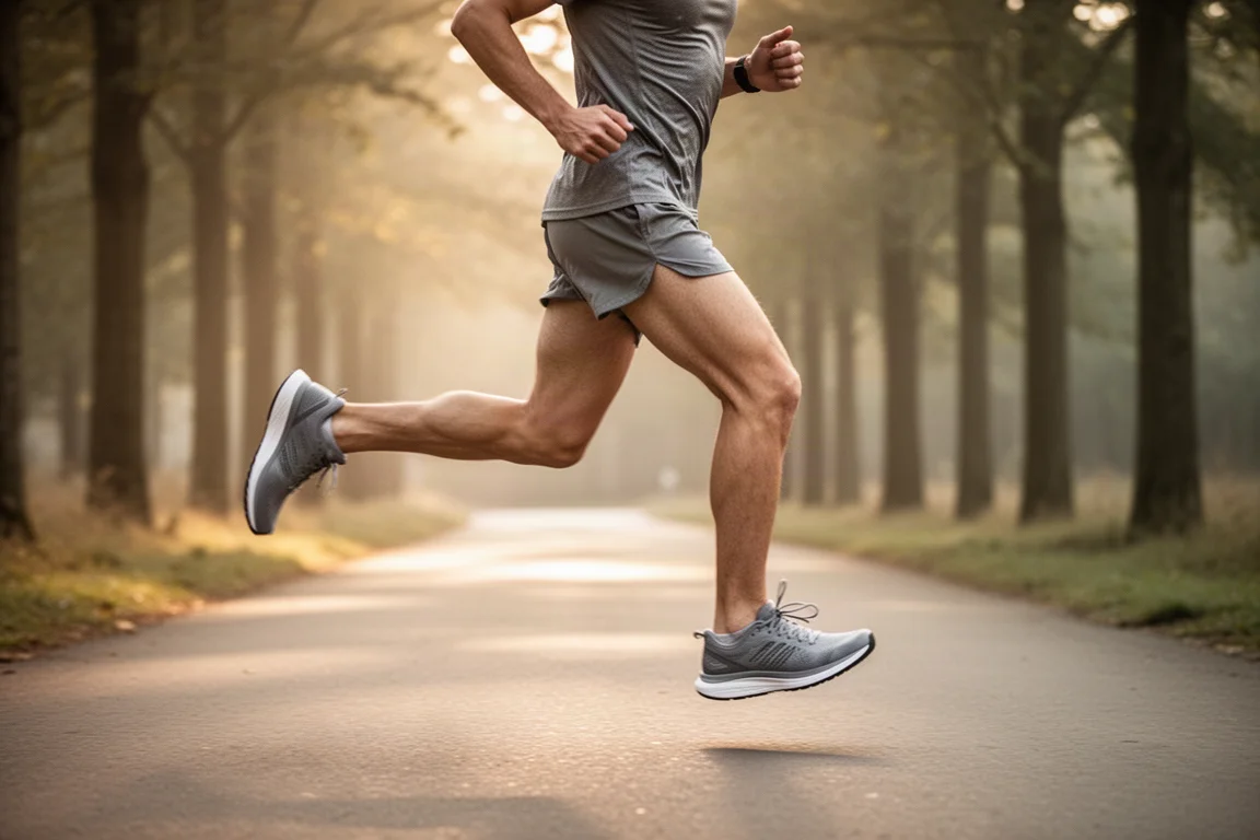 Runner on an easy-paced morning jog along a quiet tree-lined path