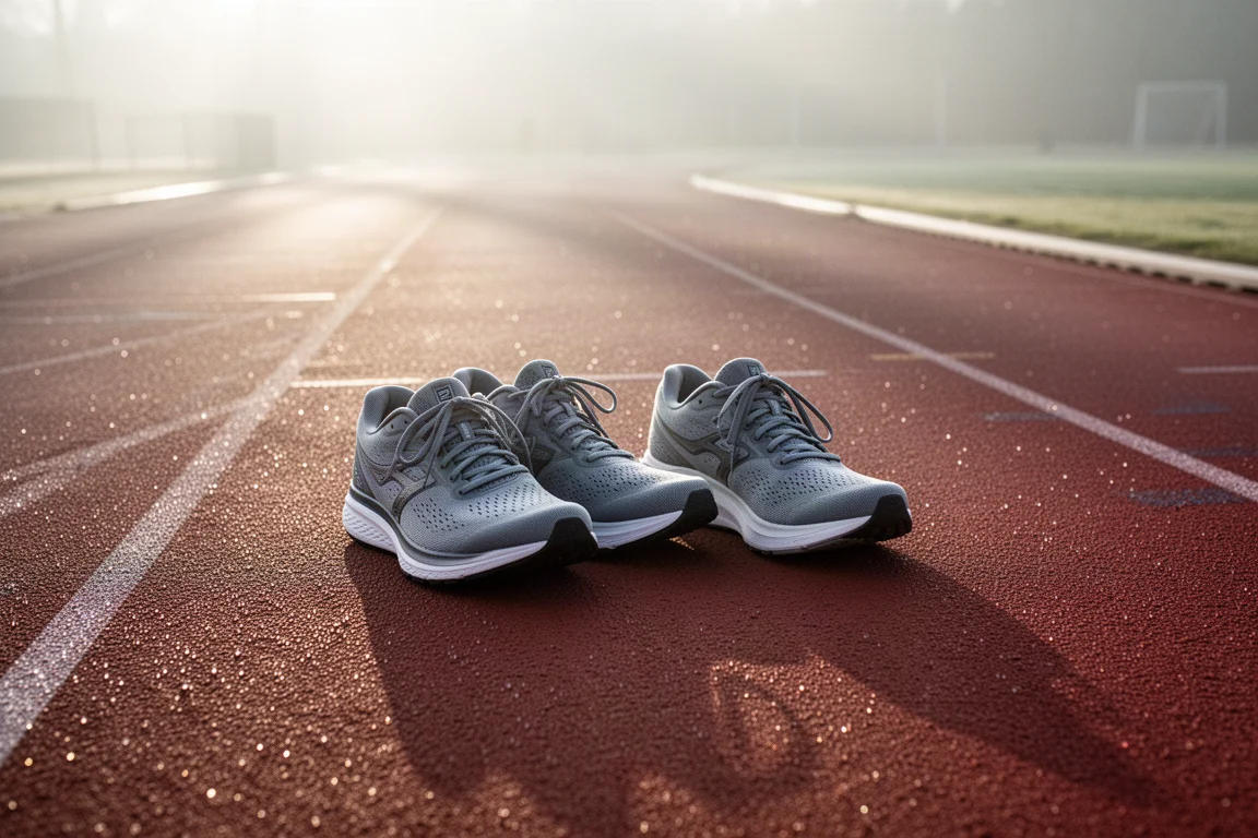 Dos zapatillas de running apoyadas en un carril de pista con luz suave de mañana
