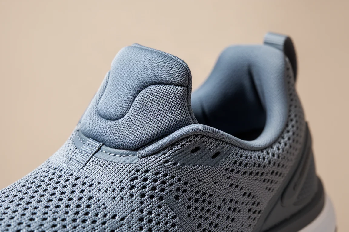 Primer plano del empeine tejido de una zapatilla de running con lengüeta acolchada y collar del talón