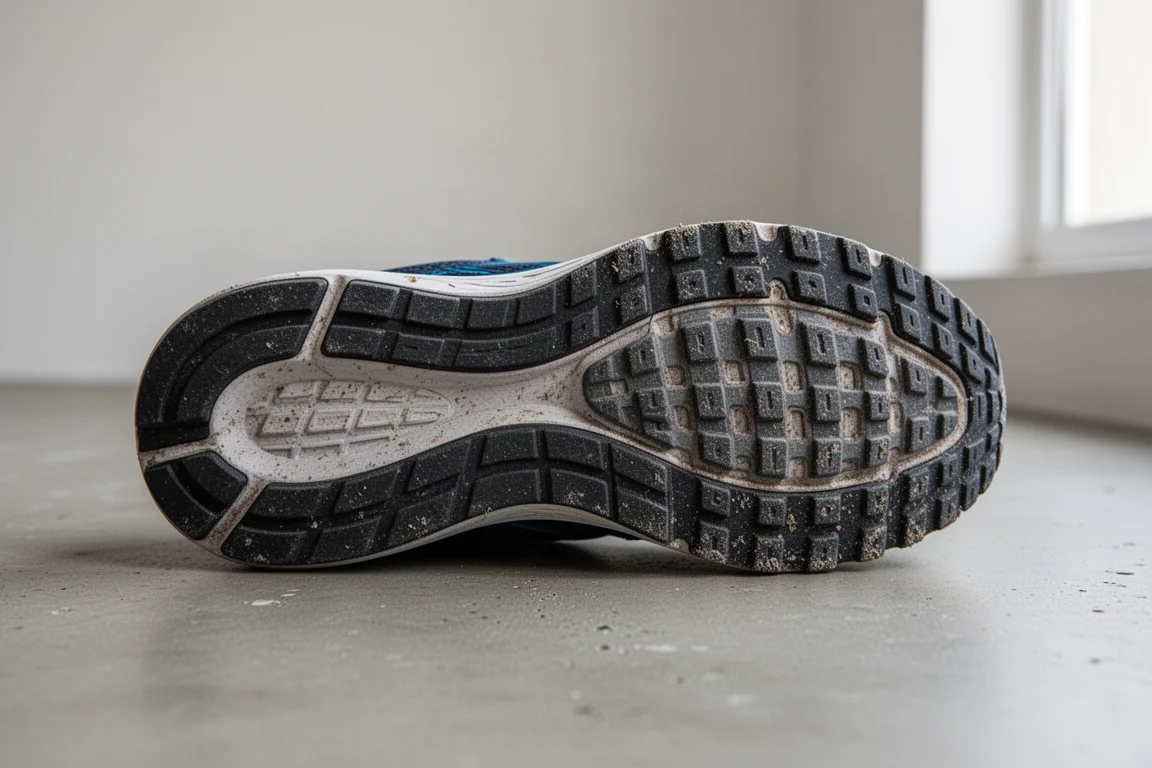 Primer plano de la suela de goma desgastada de una zapatilla de running tras muchos kilómetros de entrenamiento