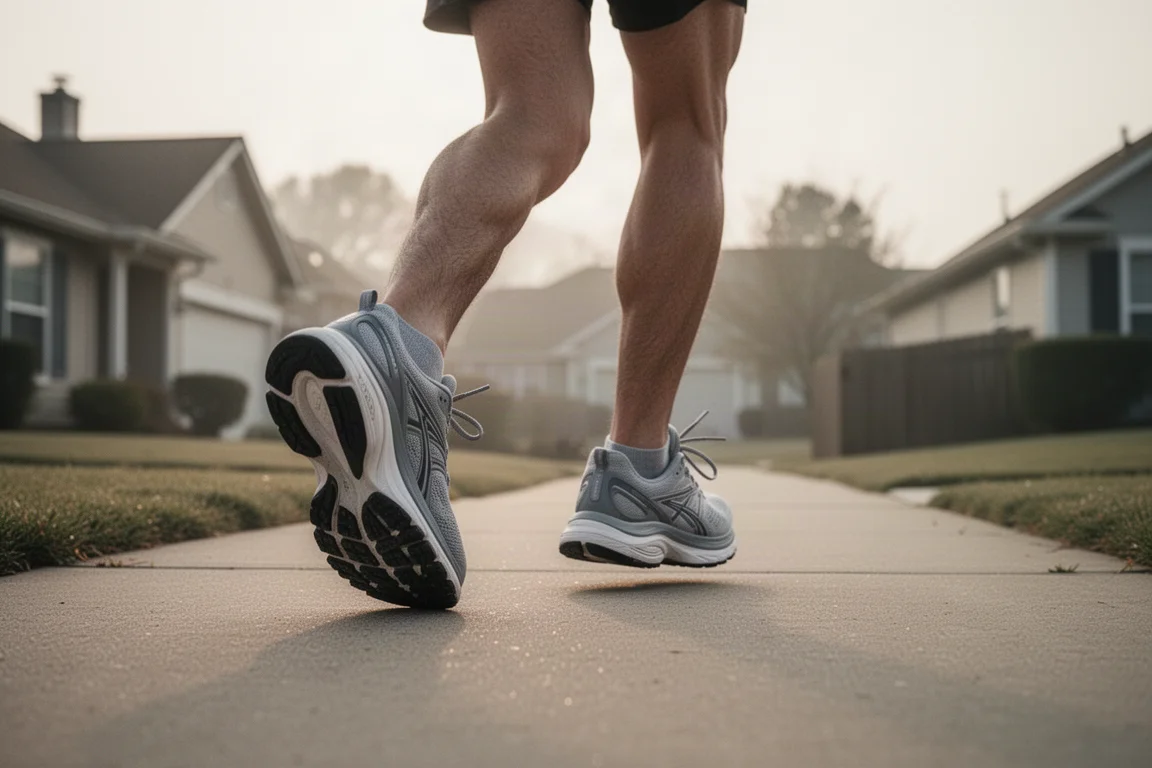 Voeten van een hardloper, gestoken in gevoerde hardloopschoenen, op een rustig suburbs trottoir in de vroege ochtend