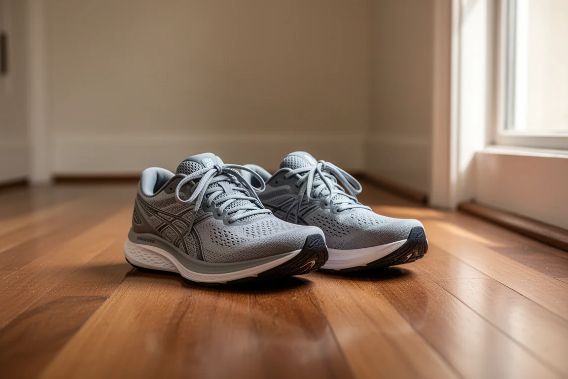 Hardloopschoenen na een ronde rustend op een gangvloer, met ontspannen veters