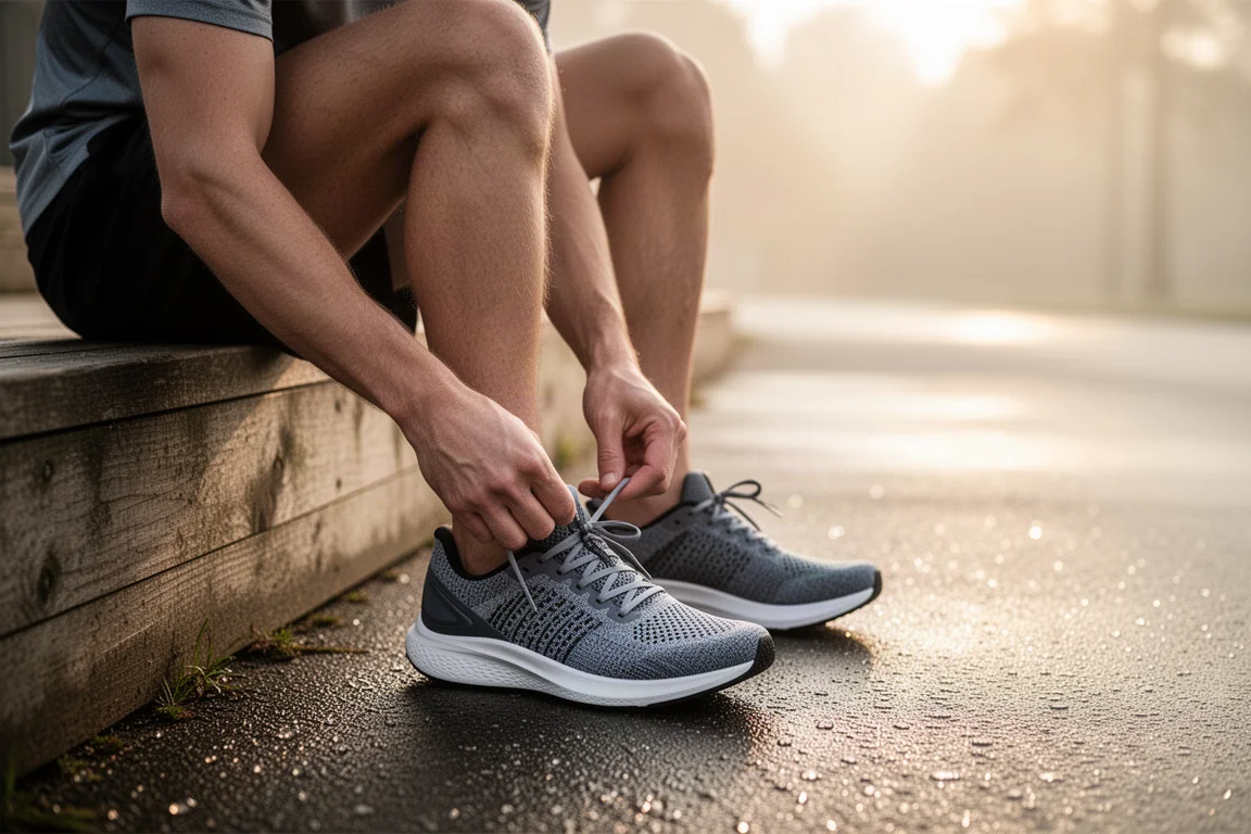 Hardloper die een paar daily trainers strikt op een stoep voor een rustige ochtendloop