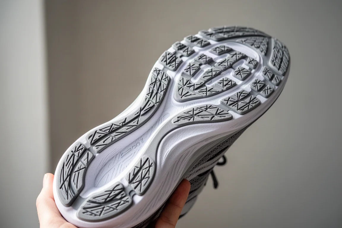 Detailopname van de buitenzool van een hardloopschoen met een dun geometrisch rubberen tracépatroon