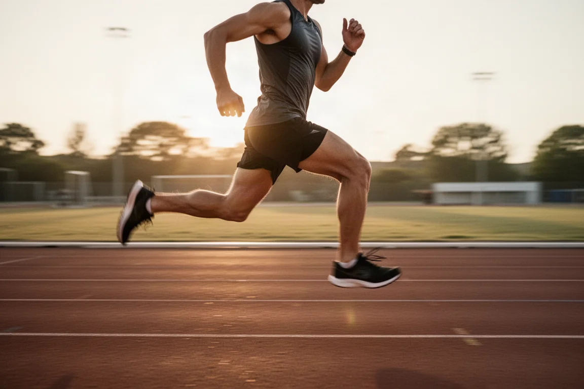 Hardloper die tempo-intervallen doet op een atletiekbaan tijdens het gouden uur
