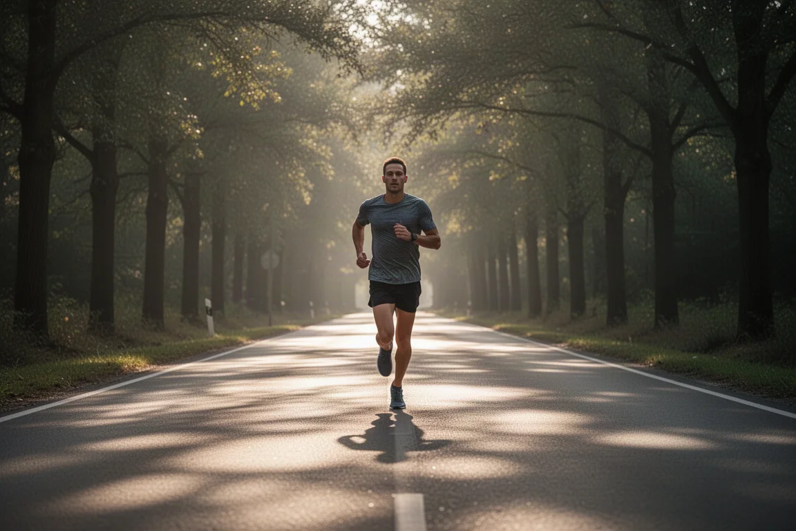 Hardloper die een lange, rustige inspanning fietst langs een stille laan met bomen