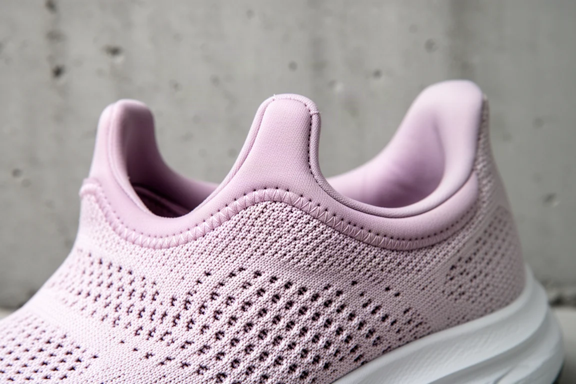 Running shoe upper in warp knit mesh with padded collar and gusseted tongue