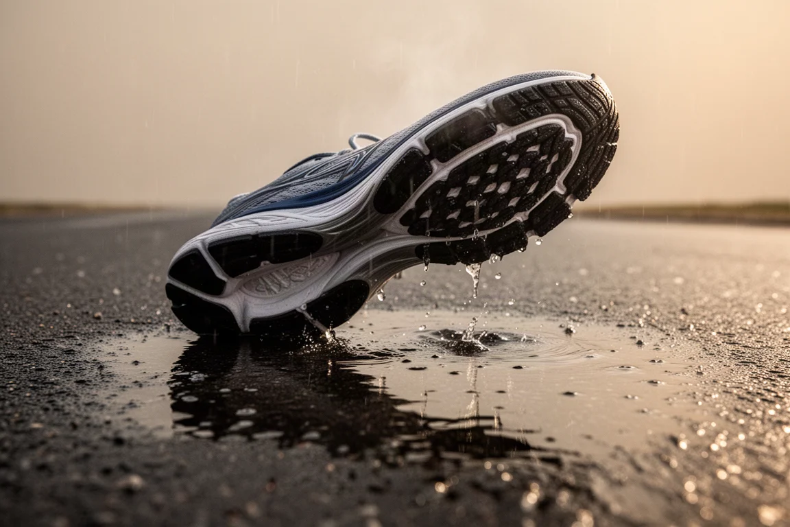 Runner testing shoe grip on wet pavement after rain