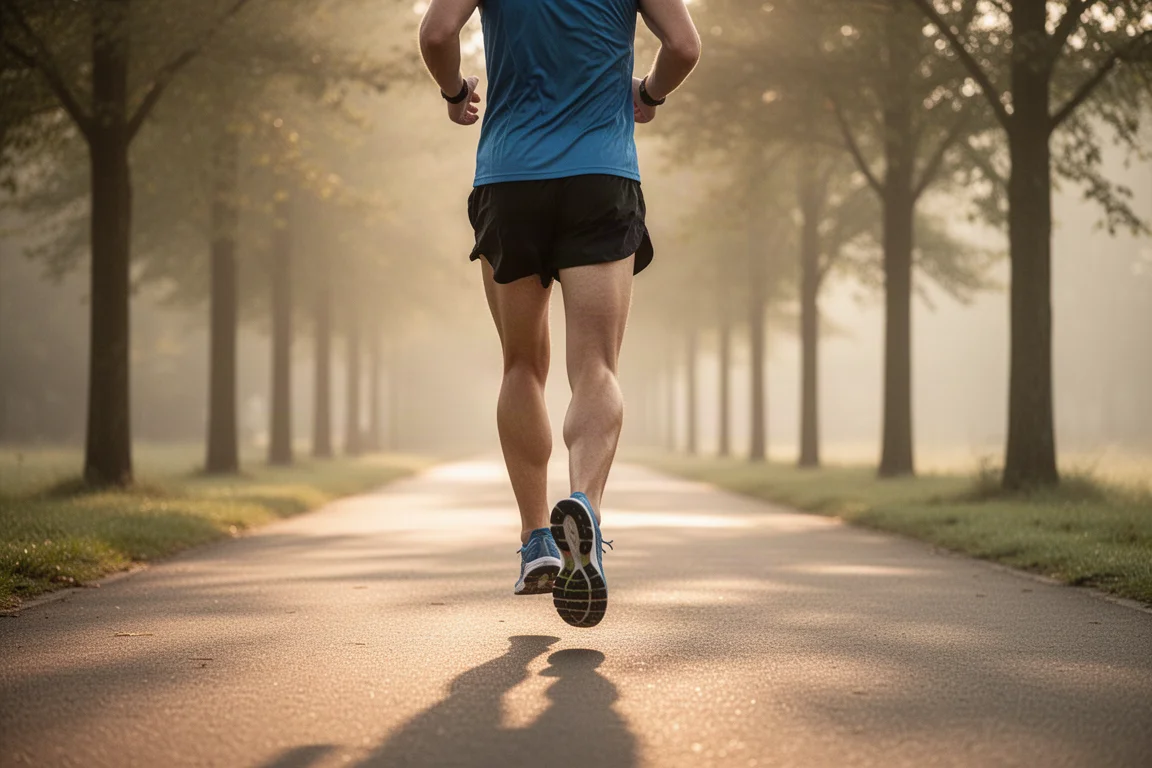 Runner starting an easy short run on a quiet suburban path at dawn