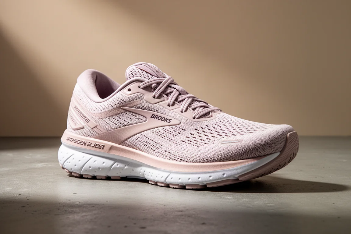 Brooks Ghost Amp running shoe in pastel colorway on matte concrete surface