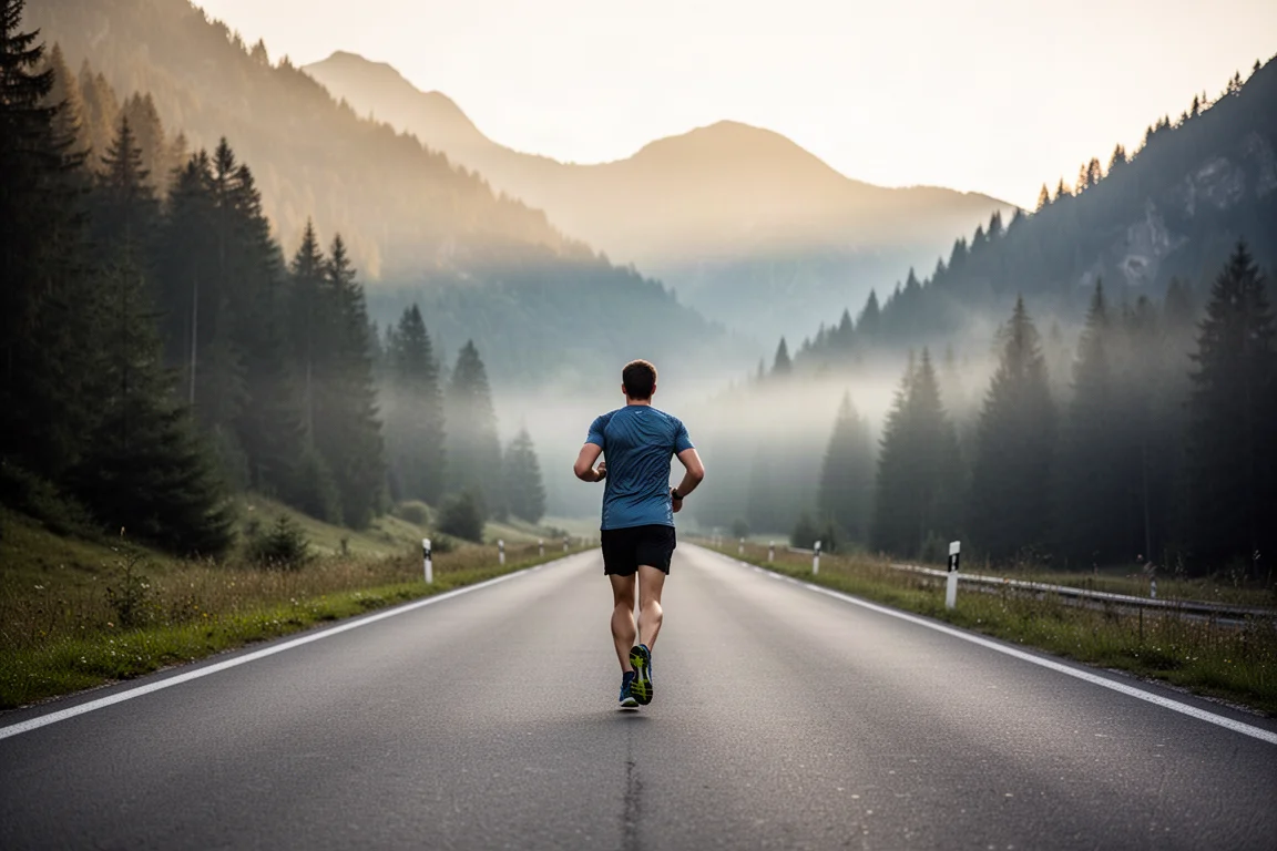 Hardloper die in het ochtendlicht over een dalweg in de Alpen jogt