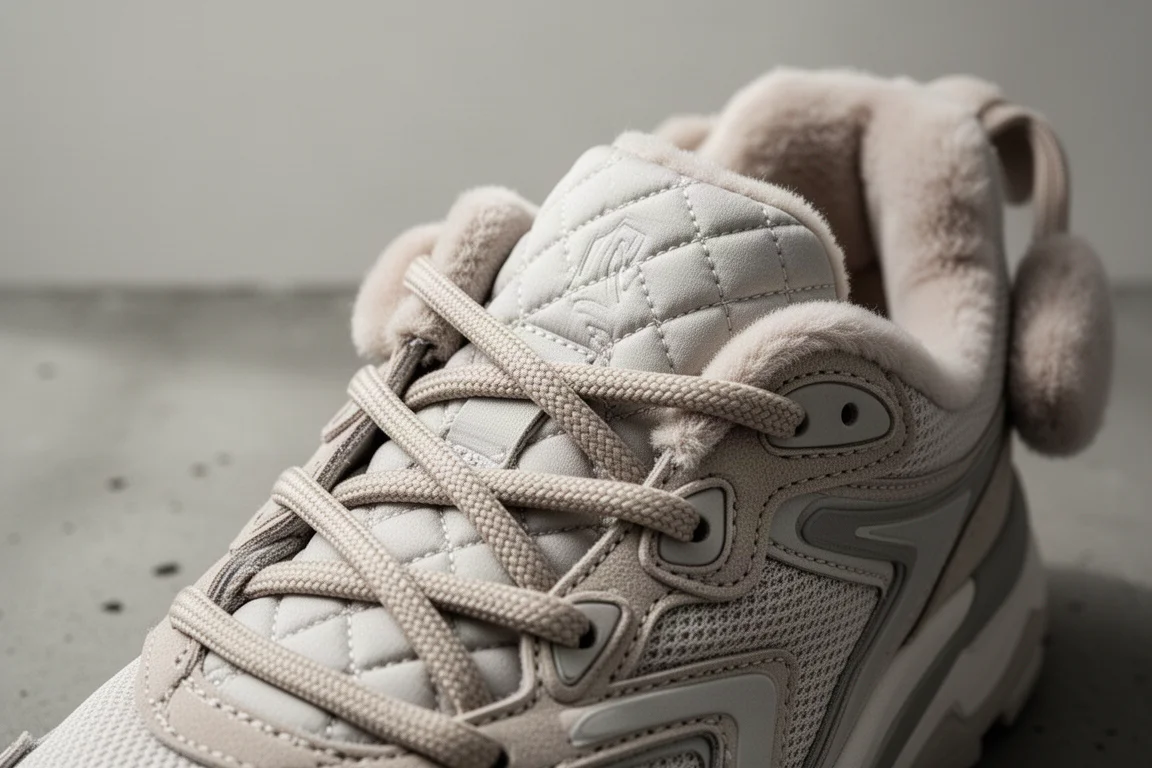 Close-up of a thick high-stack running shoe midsole on a concrete surface