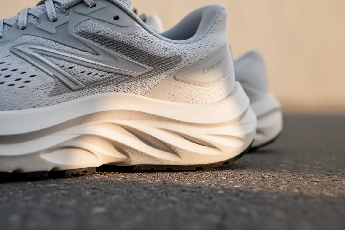 Primer plano de una mediasuela gruesa y acolchada de zapatilla de running sobre asfalto