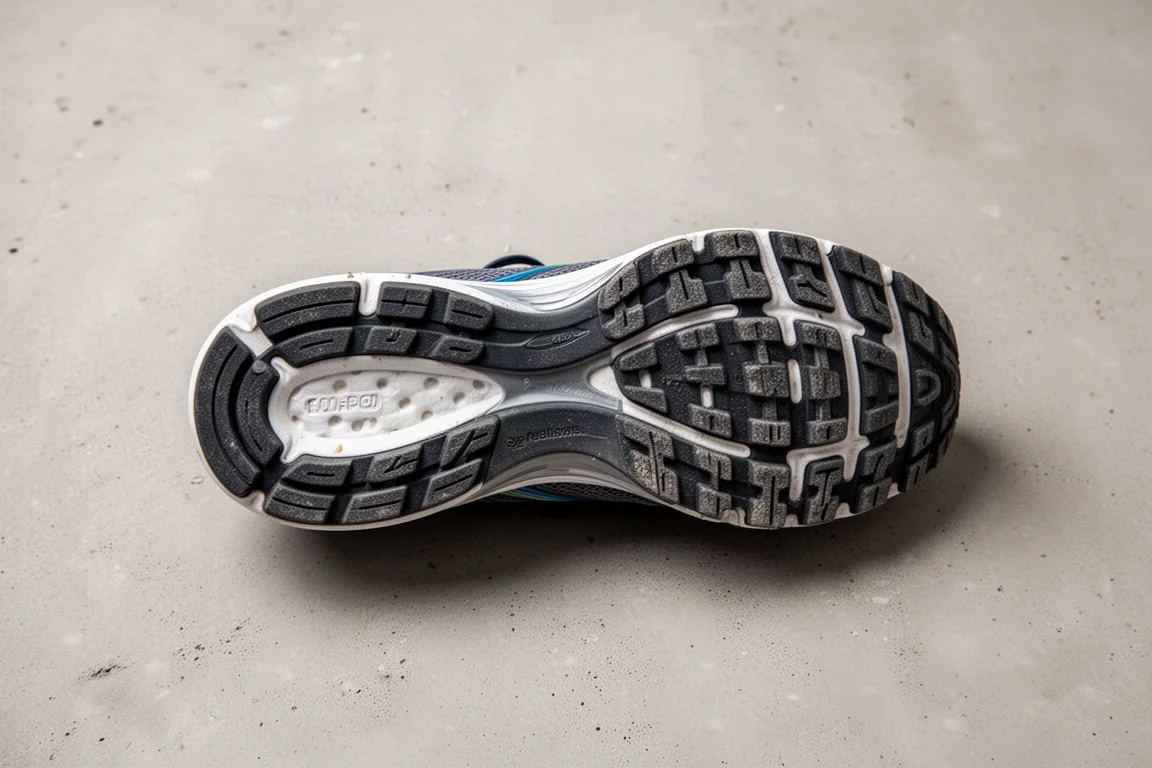Suela exterior de una zapatilla de running mostrando un desgaste leve tras kilómetros en carretera