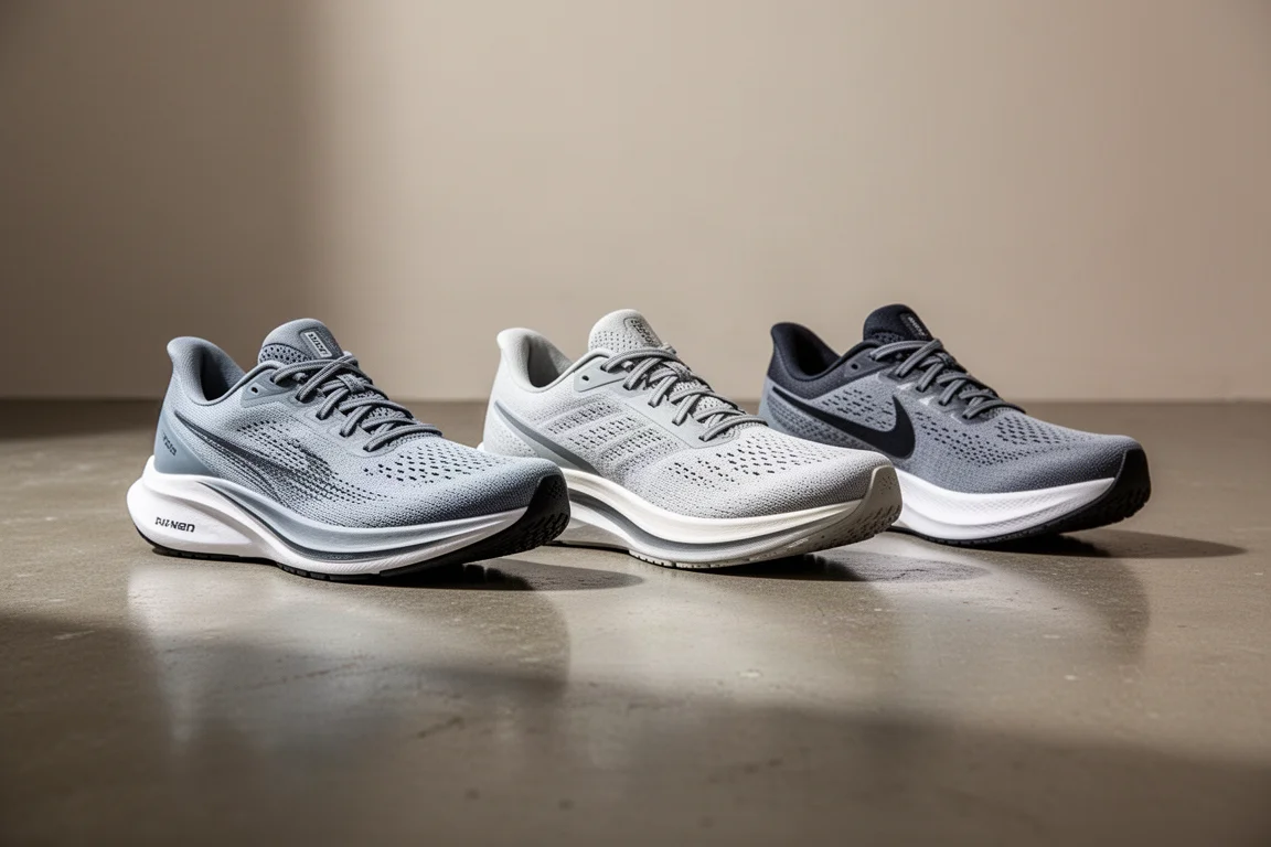 Drei Laufschuhe zum Vergleich nebeneinander auf einem Betonboden