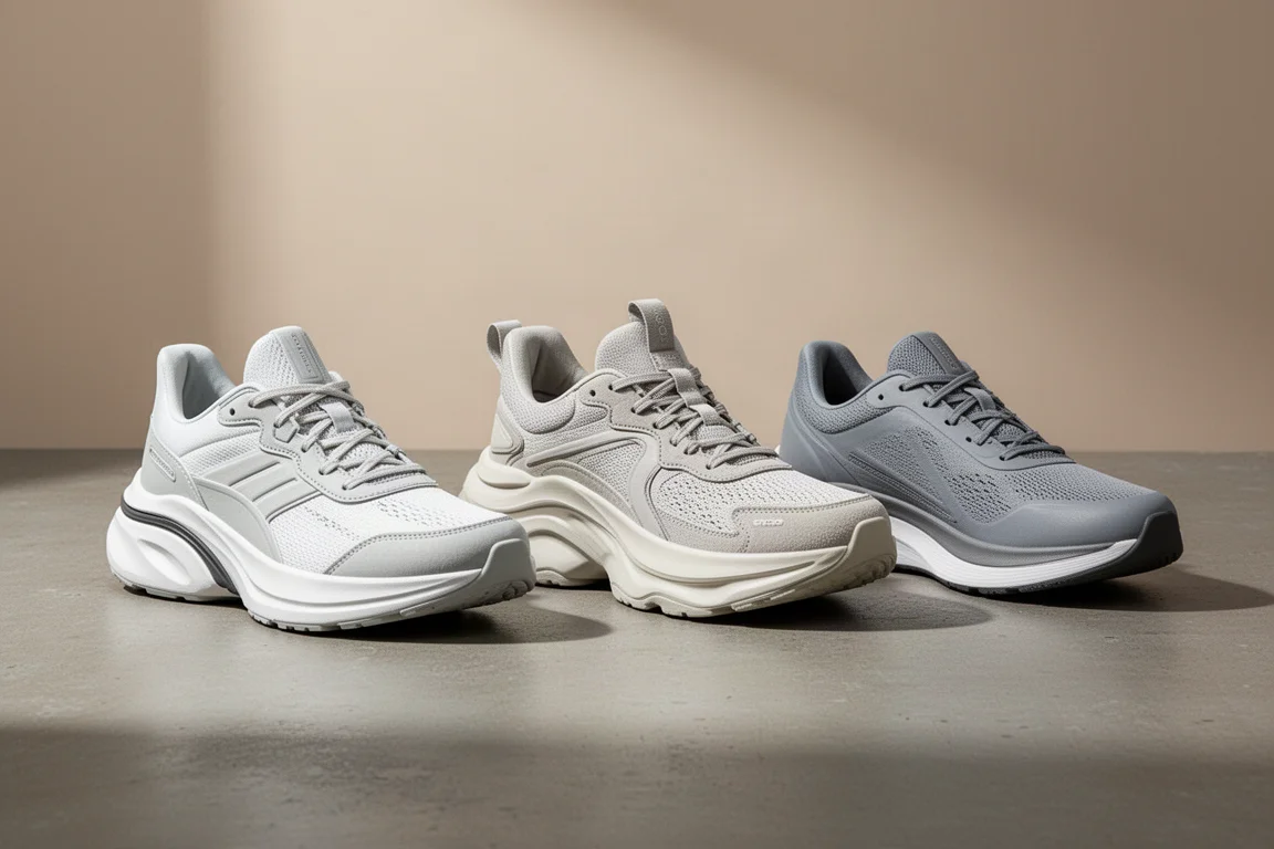 Three modern running shoes side by side on a matte concrete surface