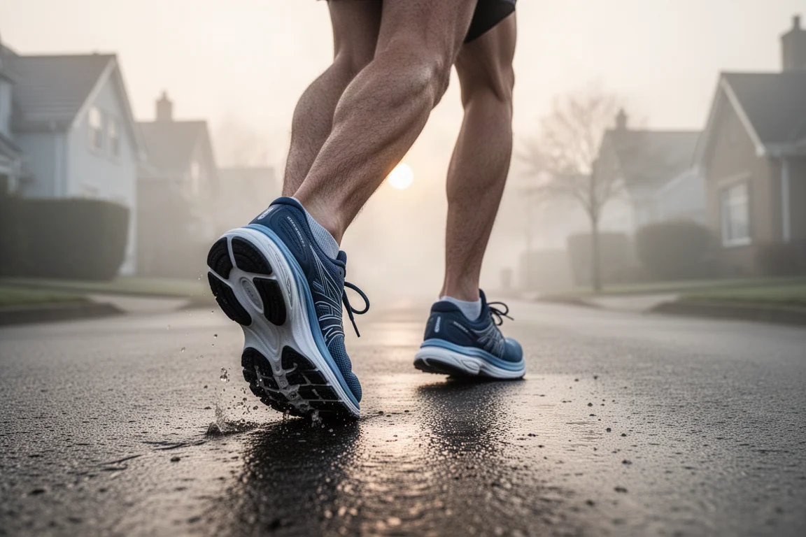 Runner stepping into a plush cushioned trainer on a quiet road