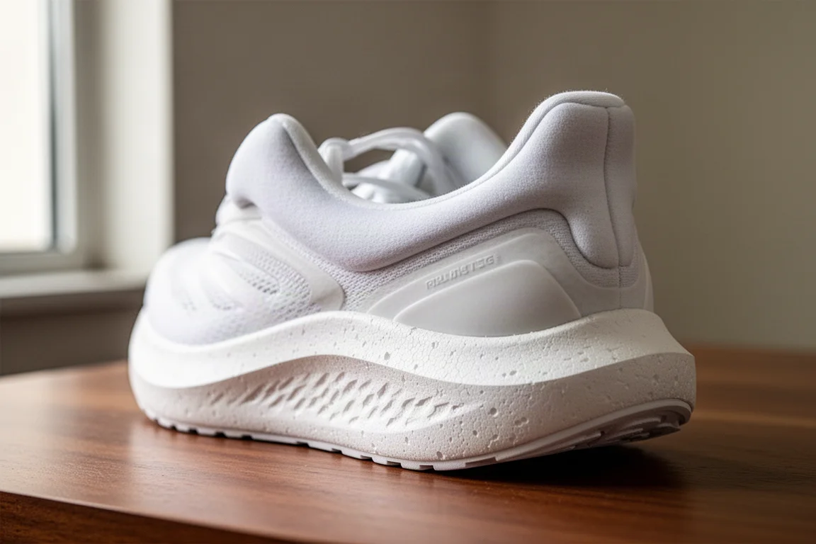 Close-up of a thick cushioned midsole and padded heel collar