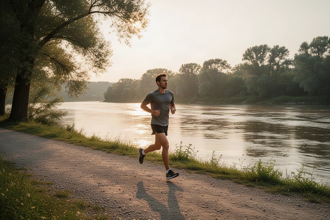 Runner on an easy recovery jog along a riverside path