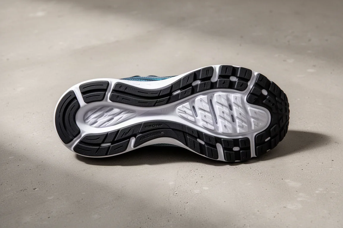 Rubber outsole of a running shoe viewed from below on concrete