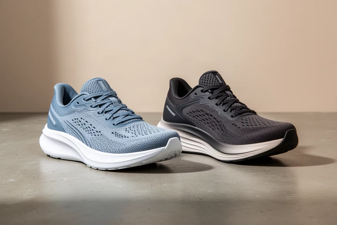 Brooks Ghost Max 2 and New Balance 1080 v13 running shoes side by side on concrete