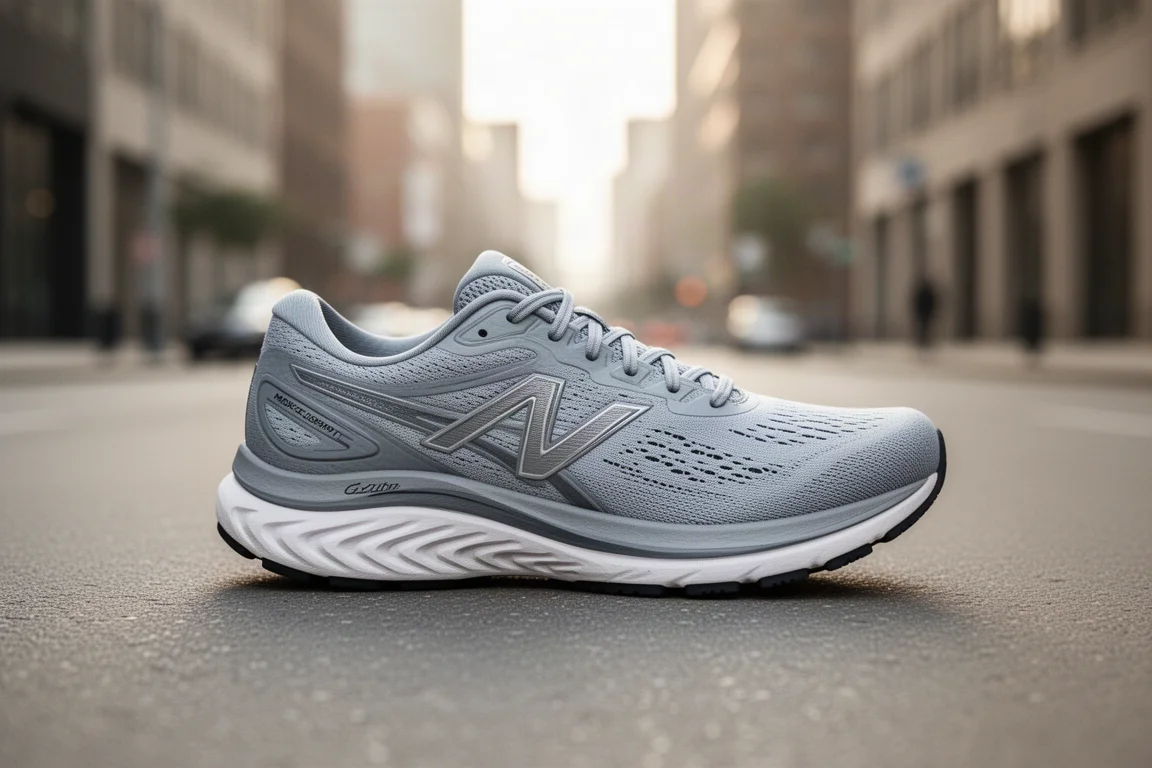Max-cushion road running shoe on pavement in soft morning light