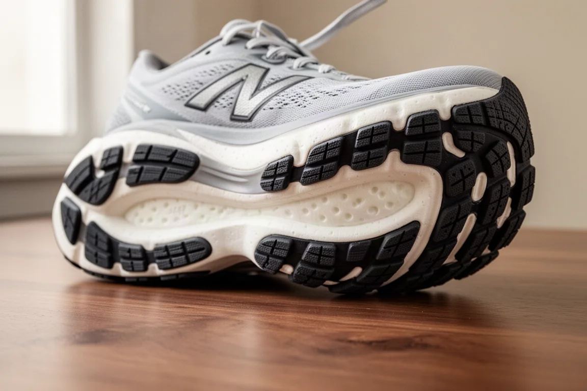 Close-up of thick midsole foam and flexible outsole of a running shoe