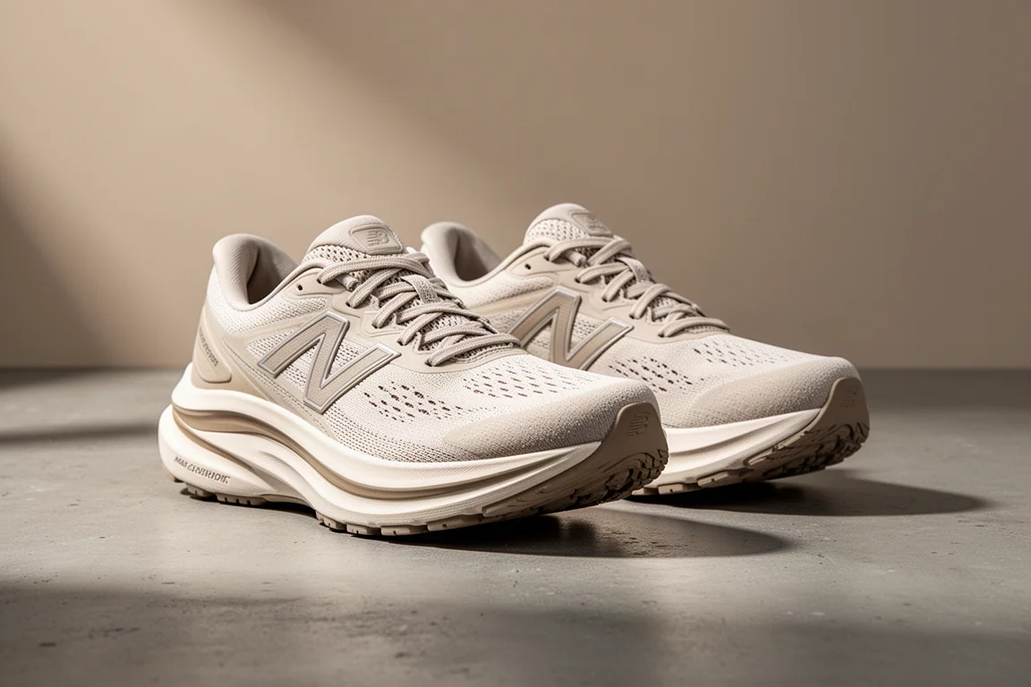 Pair of max-cushion road running shoes with thick midsoles on concrete