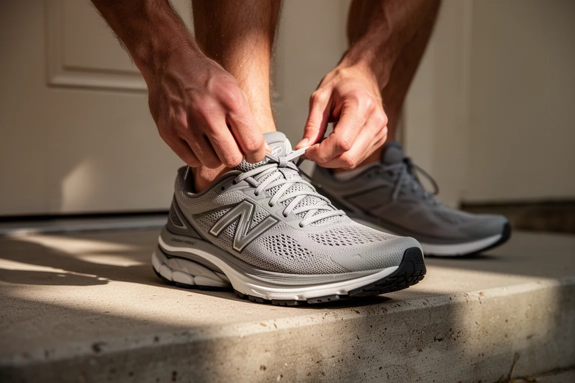 Runner lacing up a cushioned white running shoe on a doorstep