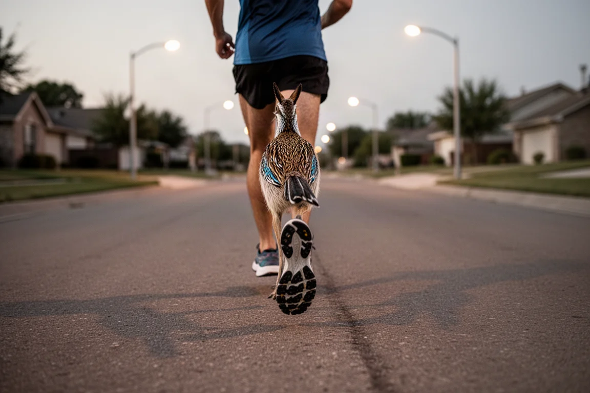 Runner cruising along a wet paved path on an easy morning run