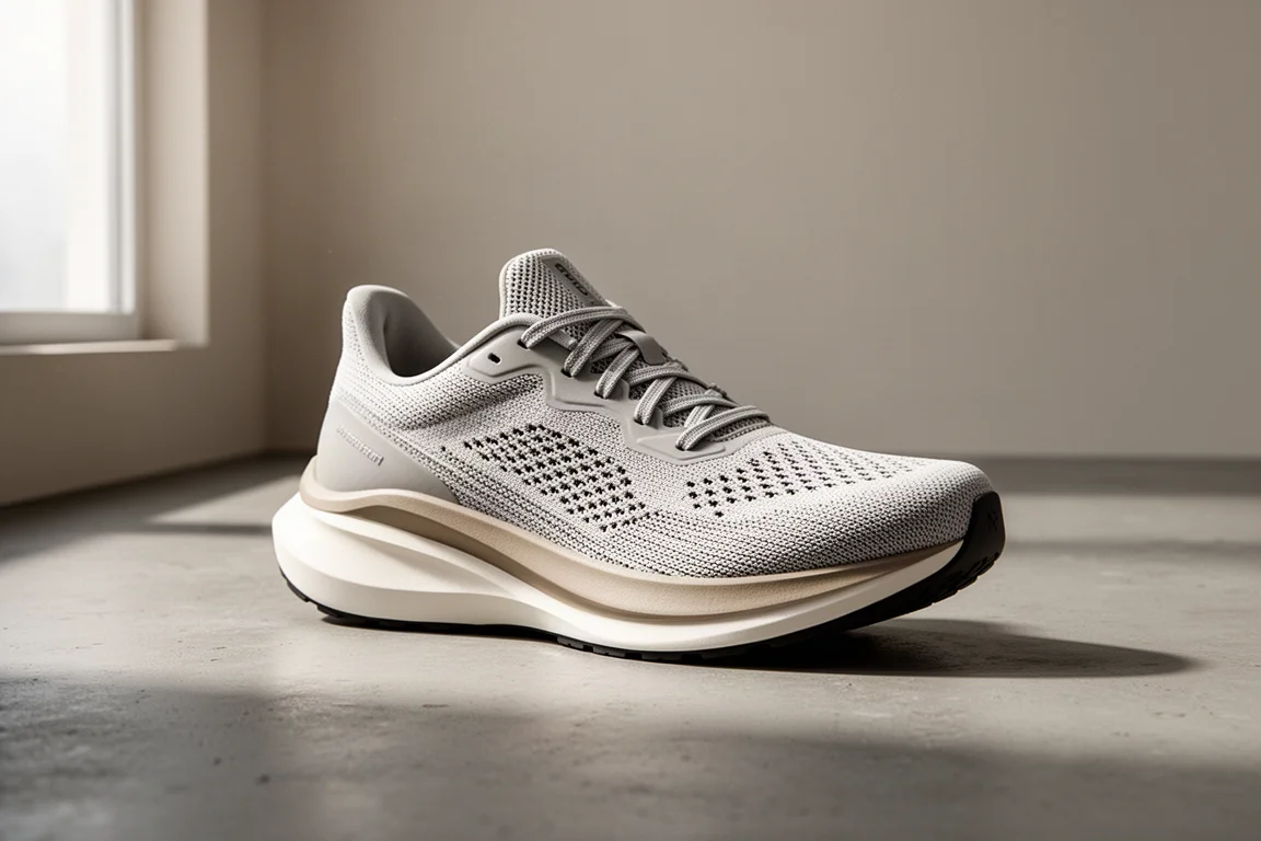 Pair of white max-cushion running shoes on a concrete surface