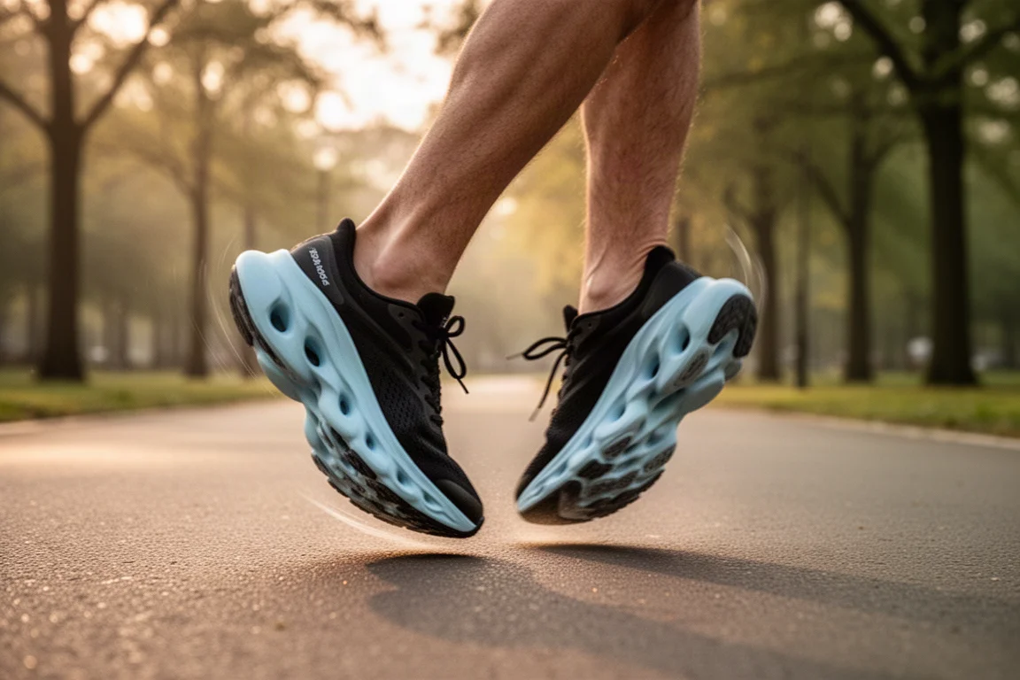 Runner's feet landing on paved path in a cushioned daily trainer during an easy morning run