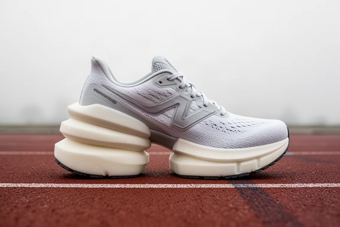 Thick, puffy-cushioned running shoe on a track surface showing its tall heel stack