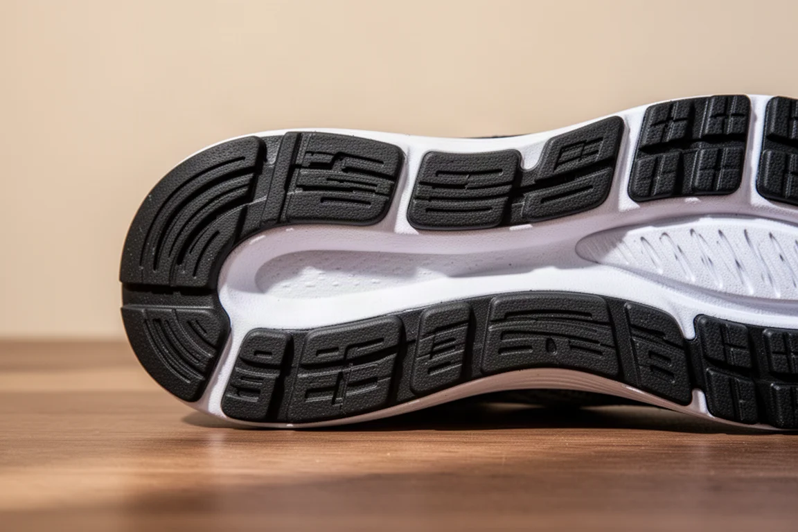 Close-up of a durable thick rubber outsole on a running shoe heel