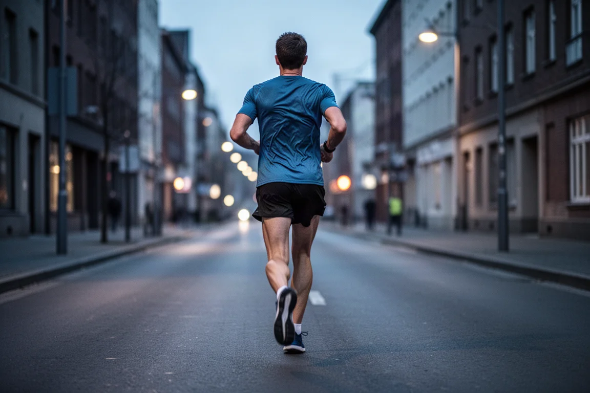 Runner moving at a steady daily training pace on a quiet city street at dusk