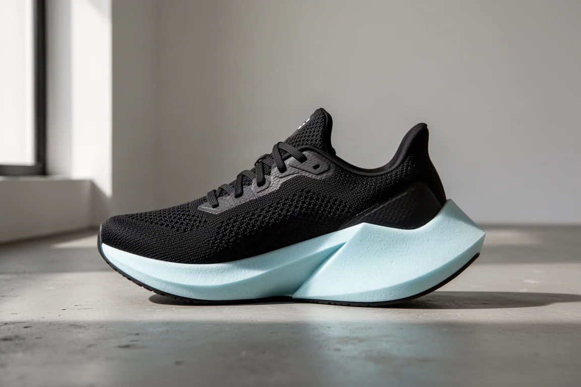 Brooks Ghost Max 4 running shoe with black upper and ice-blue midsole on concrete