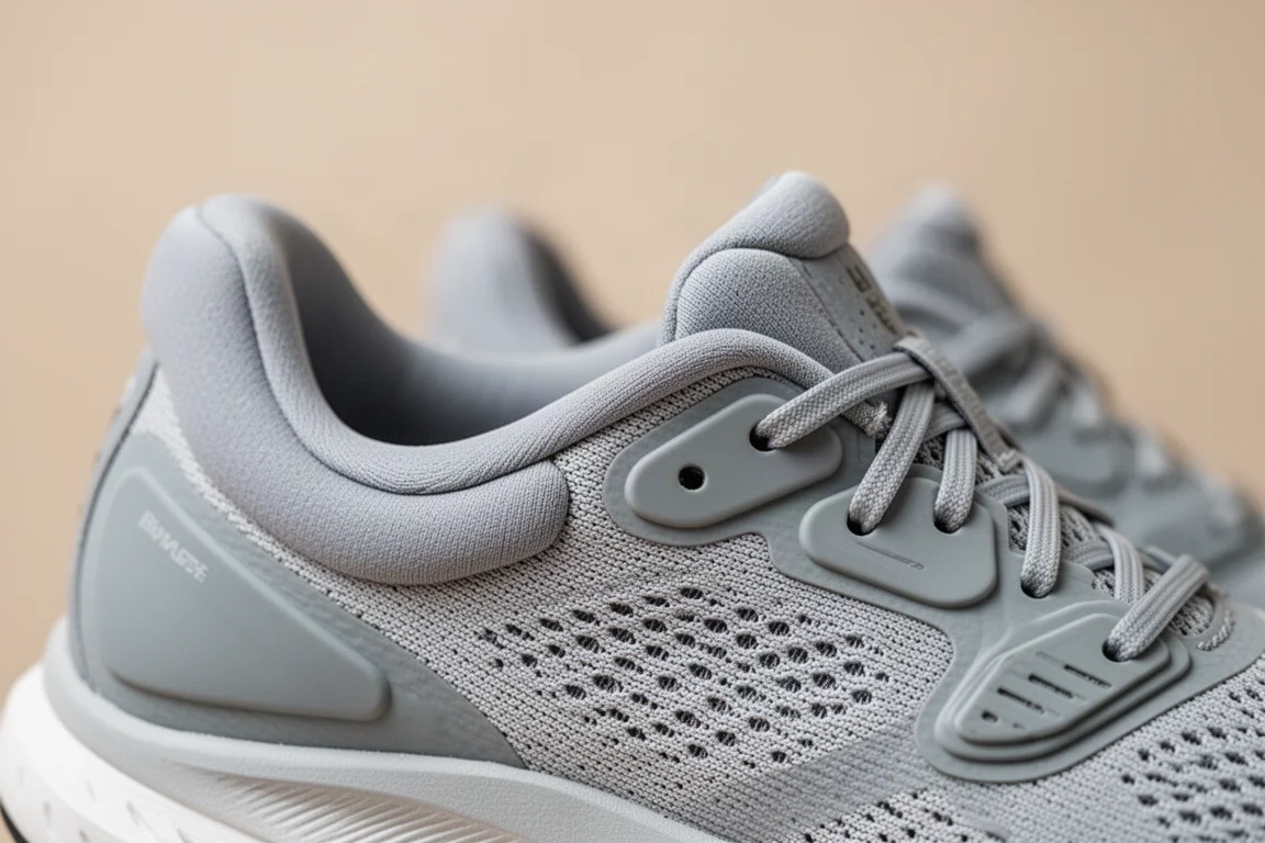 Primer plano del empeine acolchado y mullido de una zapatilla de running con malla técnica