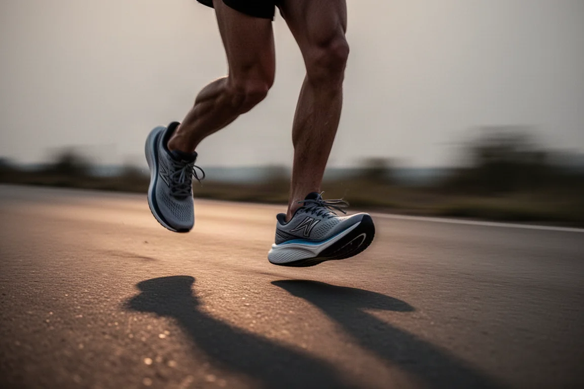 Pies de un corredor con zapatillas de running a media zancada sobre un camino de asfalto con poca luz al atardecer