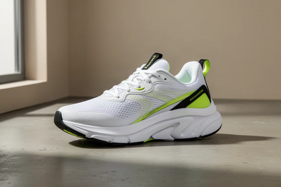 White max-cushion running shoe with lime accents on matte concrete