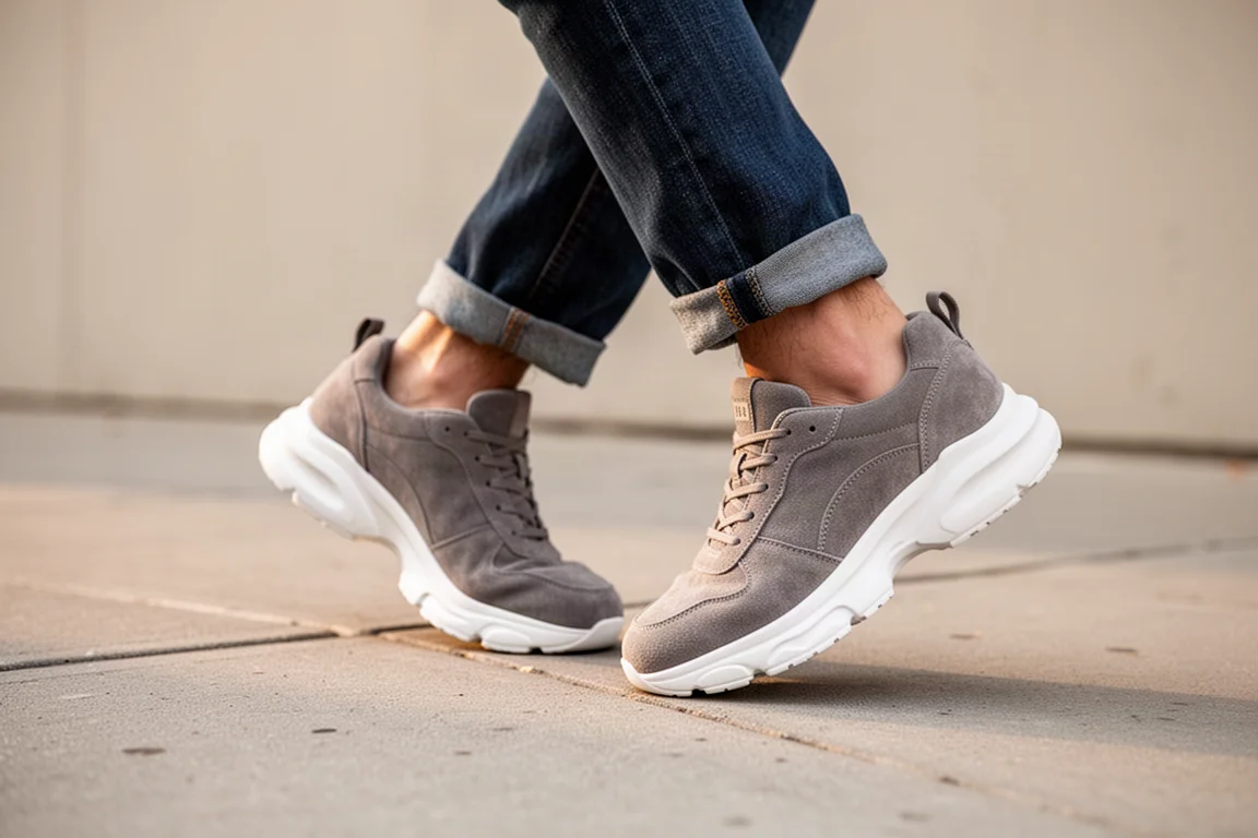 Casowe szare zamsłowe sneakersy stylizowane z codzienną streetwearową stylizacją